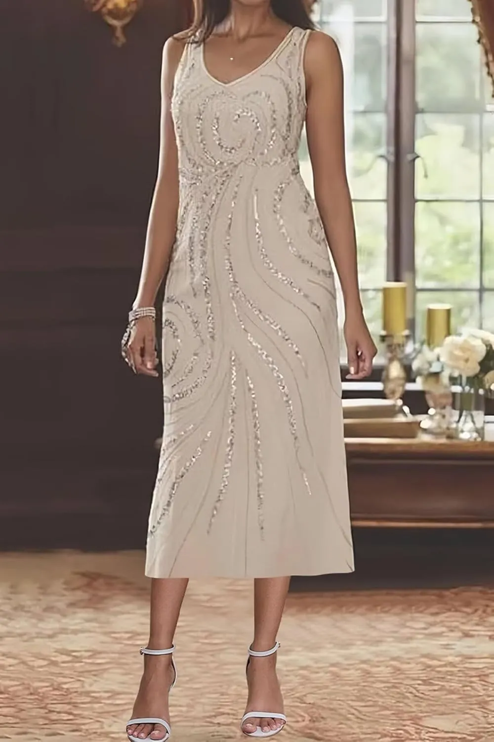 2 Piece Mother of The Bride Dresses for Women Sequin Chiffon Tea Length Formal Dress with Jackets
