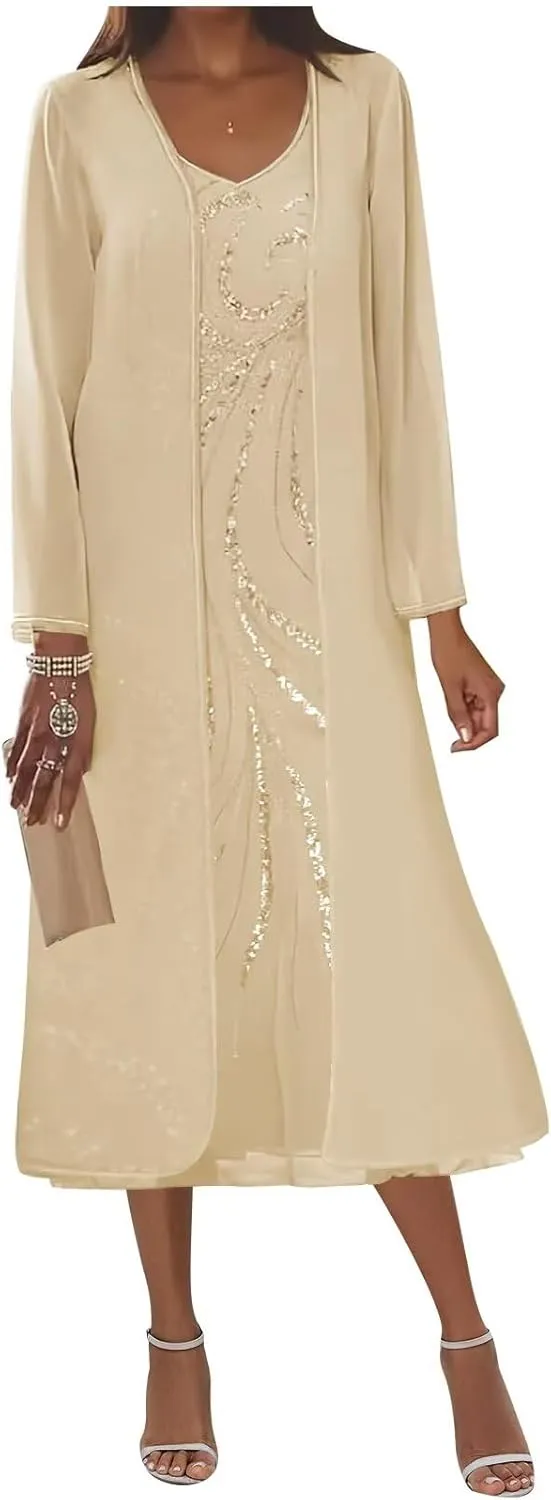 2 Piece Mother of The Bride Dresses for Women Sequin Chiffon Tea Length Formal Dress with Jackets