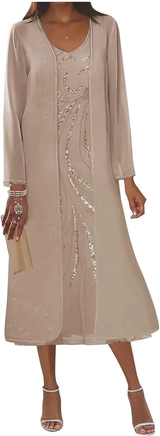 2 Piece Mother of The Bride Dresses for Women Sequin Chiffon Tea Length Formal Dress with Jackets
