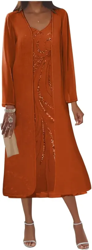 2 Piece Mother of The Bride Dresses for Women Sequin Chiffon Tea Length Formal Dress with Jackets