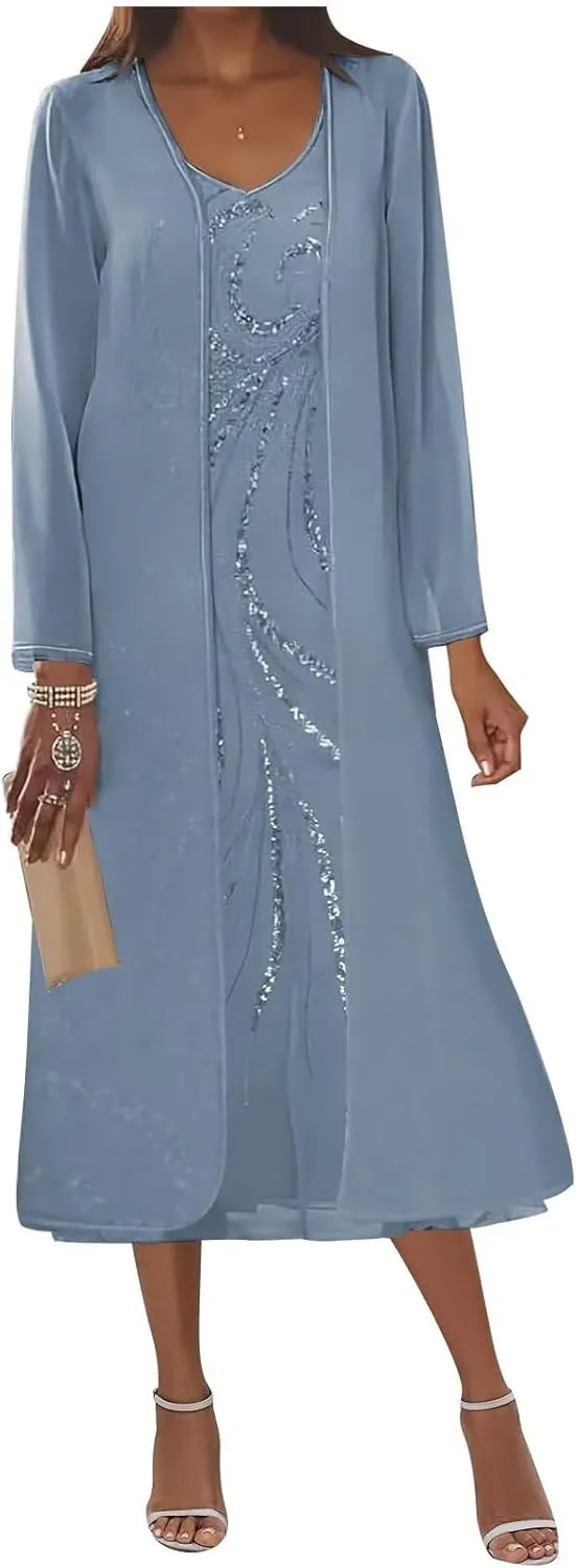 2 Piece Mother of The Bride Dresses for Women Sequin Chiffon Tea Length Formal Dress with Jackets