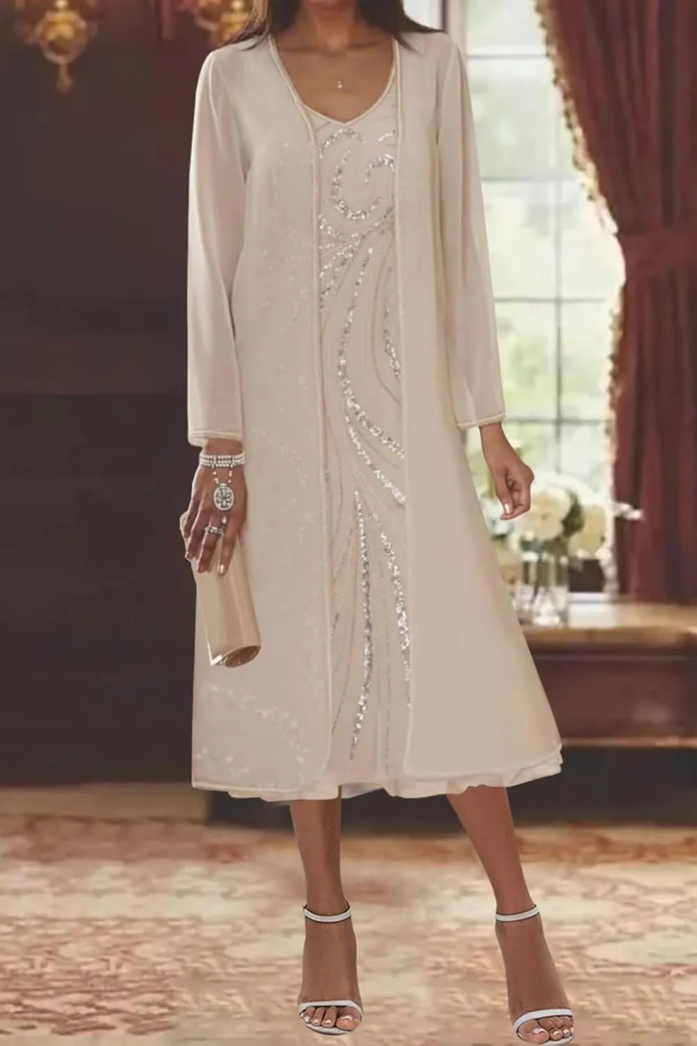2 Piece Mother of The Bride Dresses for Women Sequin Chiffon Tea Length Formal Dress with Jackets