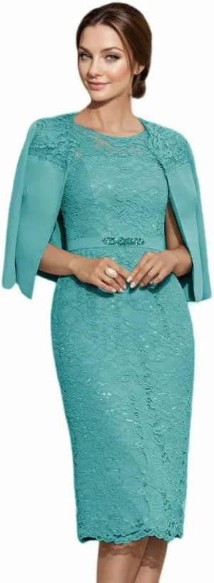2 Piece Mother of The Bride Dresses with Jacket for Wedding Knee Length Appliques Scoop Neck Formal Evening Gown