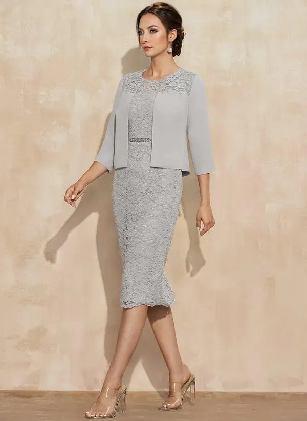 2 Piece Mother of The Bride Dresses with Jacket for Wedding Knee Length Appliques Scoop Neck Formal Evening Gown