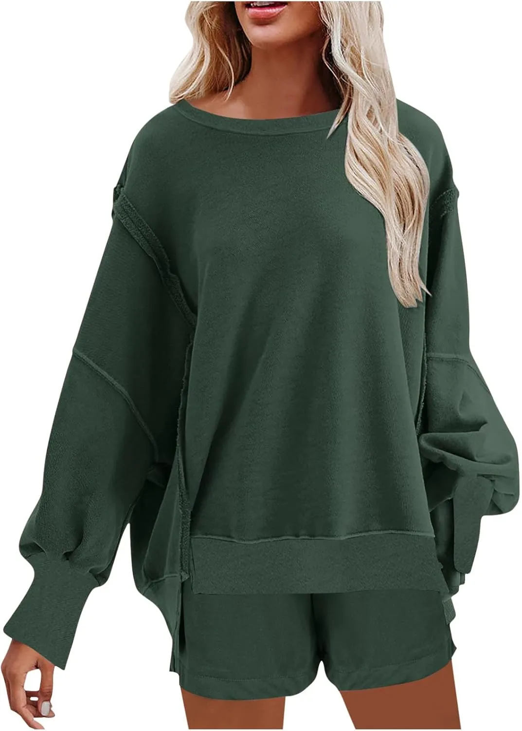 2 Piece Outfits For Women Oversized Crew Neck Sweatshirts And Shorts Tracksuit Set Casual Fall Sweatsuit Lounge Sets