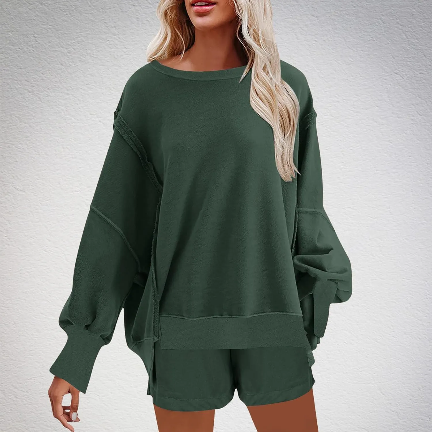 2 Piece Outfits For Women Oversized Crew Neck Sweatshirts And Shorts Tracksuit Set Casual Fall Sweatsuit Lounge Sets