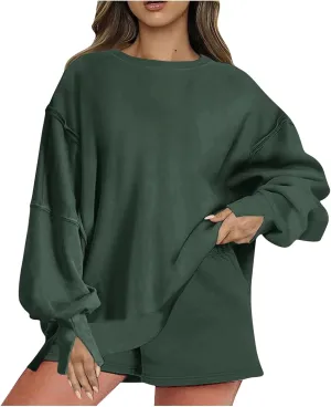 2 Piece Outfits For Women Oversized Crew Neck Sweatshirts And Shorts Tracksuit Set Casual Fall Sweatsuit Lounge Sets