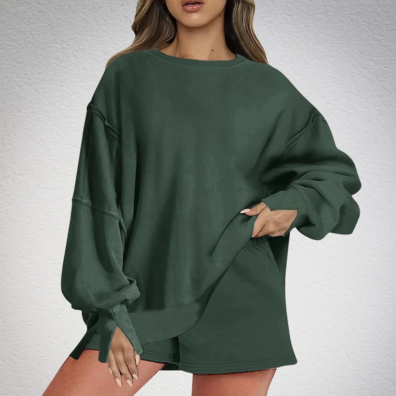 2 Piece Outfits For Women Oversized Crew Neck Sweatshirts And Shorts Tracksuit Set Casual Fall Sweatsuit Lounge Sets