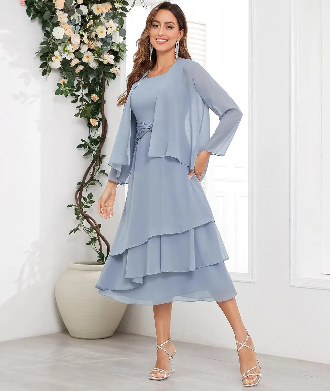 2 Piece Tea Length Mother of The Bride Dresses for Wedding with Jacket Chiffon Tiered Formal Wedding Party Dress