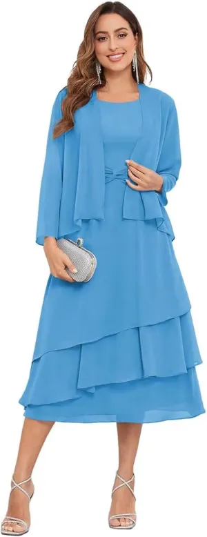 2 Piece Tea Length Mother of The Bride Dresses for Wedding with Jacket Chiffon Tiered Formal Wedding Party Dress