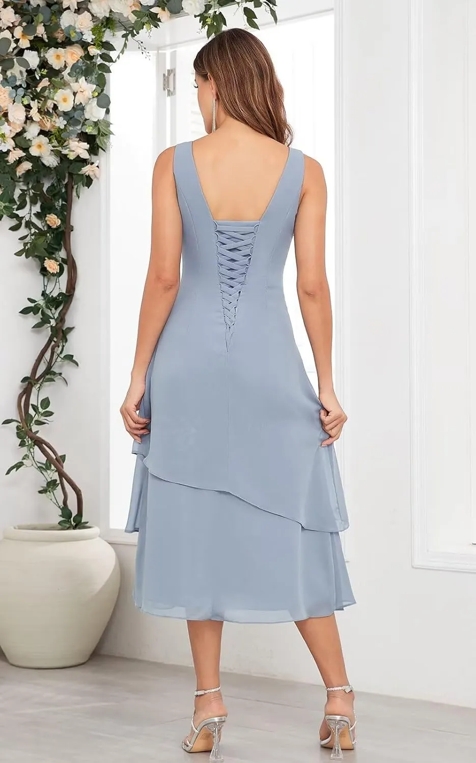 2 Piece Tea Length Mother of The Bride Dresses for Wedding with Jacket Chiffon Tiered Formal Wedding Party Dress