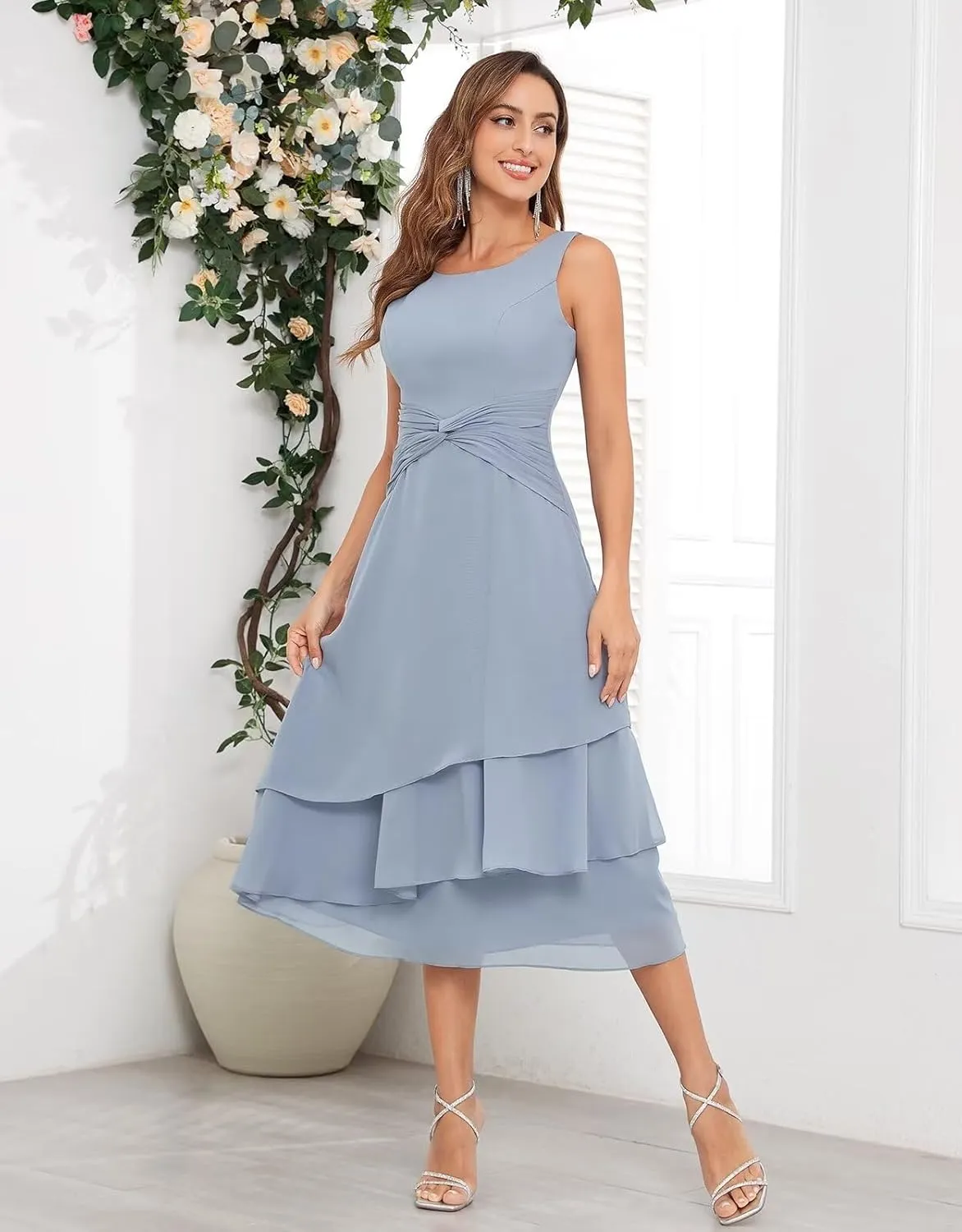 2 Piece Tea Length Mother of The Bride Dresses for Wedding with Jacket Chiffon Tiered Formal Wedding Party Dress