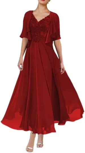 2 Piece Tea Length Mother of The Bride Dresses with Jacket A Line Formal Evening Gown with Pockets