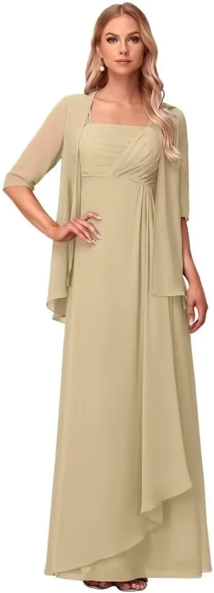 2 Pieces Chiffon Mother of The Bride Dresses 3/4 Sleeve for Wedding Formal Evening Party Dress with Jacket DN74