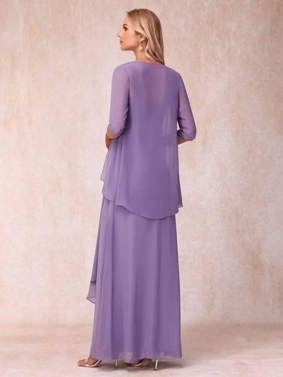 2 Pieces Chiffon Mother of The Bride Dresses 3/4 Sleeve for Wedding Formal Evening Party Dress with Jacket DN74