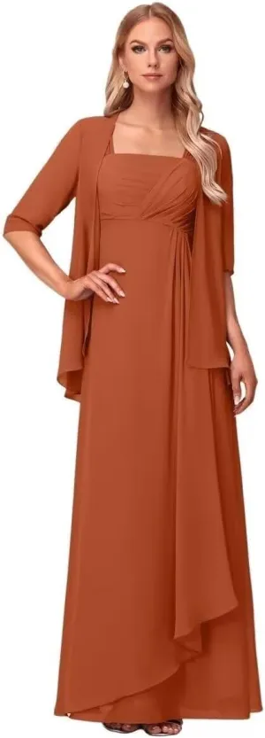 2 Pieces Chiffon Mother of The Bride Dresses 3/4 Sleeve for Wedding Formal Evening Party Dress with Jacket DN74