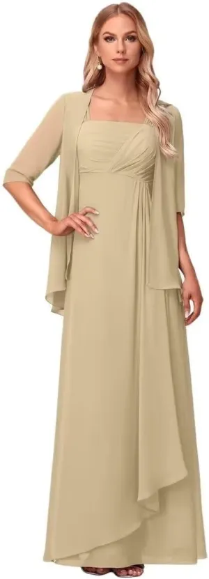 2 Pieces Chiffon Mother of The Bride Dresses 3/4 Sleeve for Wedding Formal Evening Party Dress with Jacket DN74