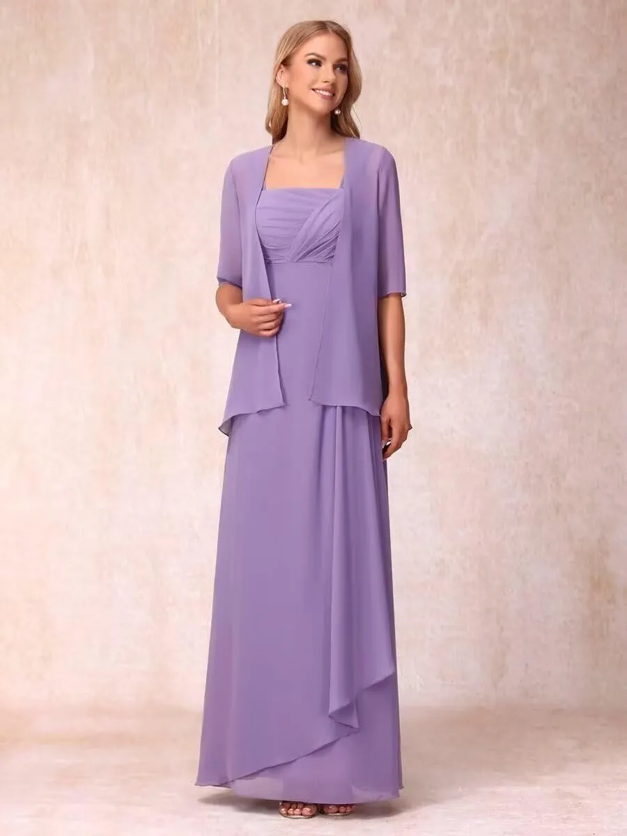 2 Pieces Chiffon Mother of The Bride Dresses 3/4 Sleeve for Wedding Formal Evening Party Dress with Jacket DN74