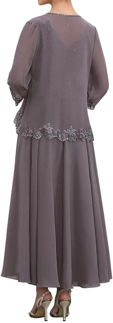 2 Pieces Mother of The Bride Dresses with Jacket Chiffon Tea Length A Line Formal Dresses Evening Gowns MK40