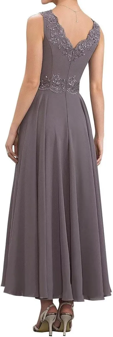 2 Pieces Mother of The Bride Dresses with Jacket Chiffon Tea Length A Line Formal Dresses Evening Gowns MK40