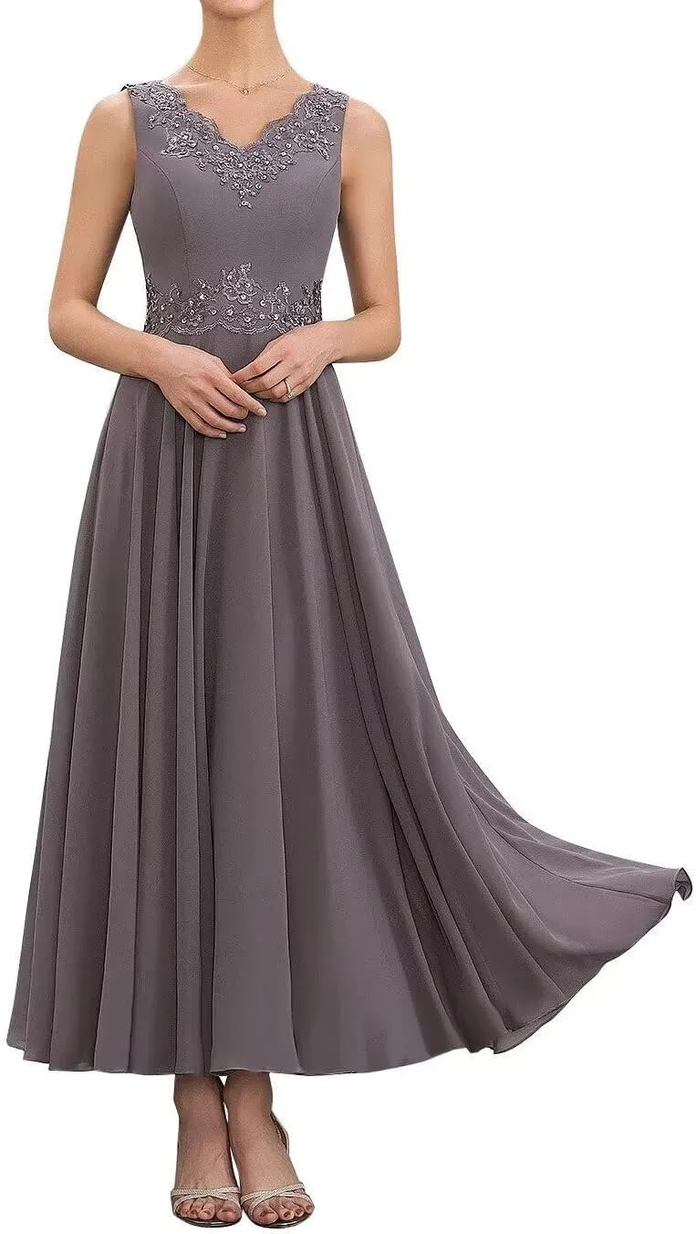 2 Pieces Mother of The Bride Dresses with Jacket Chiffon Tea Length A Line Formal Dresses Evening Gowns MK40