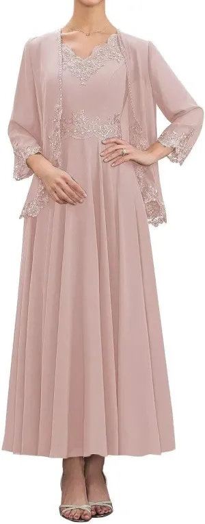 2 Pieces Mother of The Bride Dresses with Jacket Chiffon Tea Length A Line Formal Dresses Evening Gowns MK40