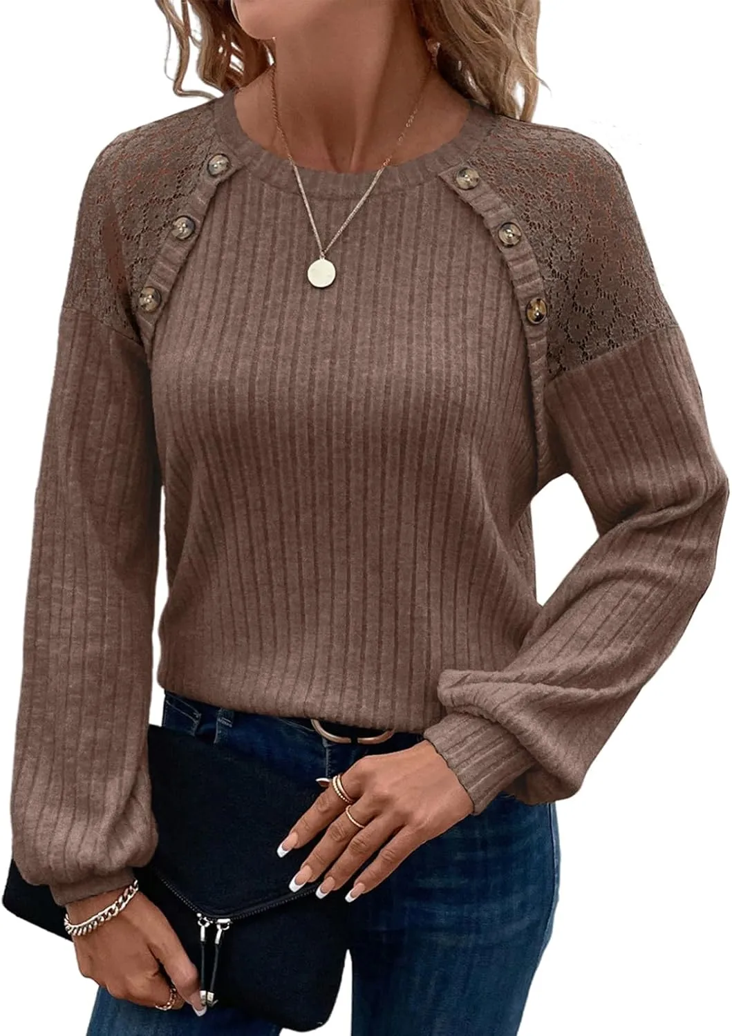 Acelitt Womens Fall Long Sleeve Tunic Tops Casual Crew Neck Dressy Shirt Lace Patchwork Blouses Pullover Sweaters