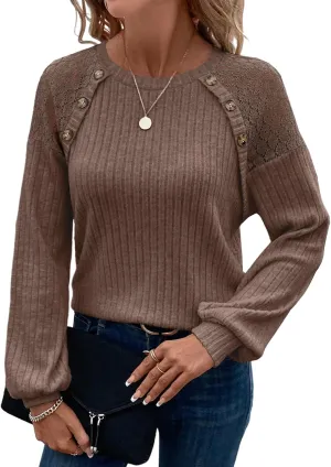 Acelitt Womens Fall Long Sleeve Tunic Tops Casual Crew Neck Dressy Shirt Lace Patchwork Blouses Pullover Sweaters