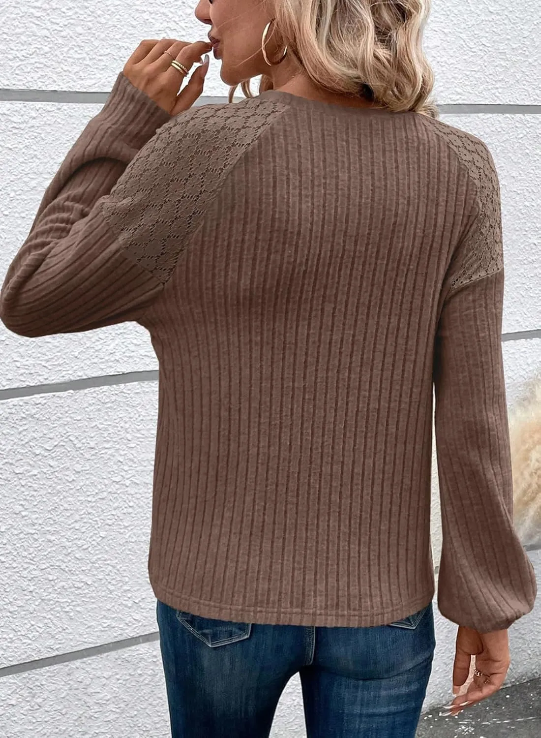 Acelitt Womens Fall Long Sleeve Tunic Tops Casual Crew Neck Dressy Shirt Lace Patchwork Blouses Pullover Sweaters