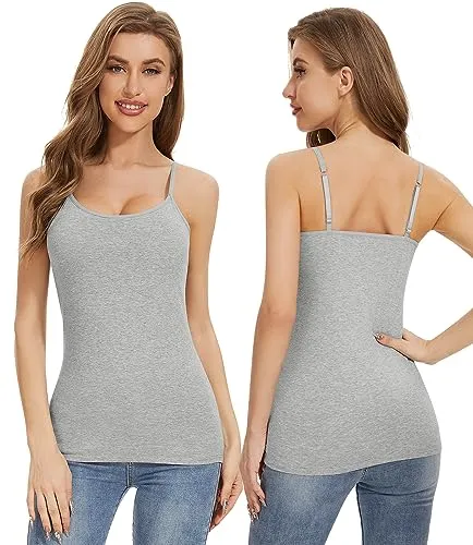 Air Curvey 3 Piece Womens Camisole with Shelf Bra Cotton Undershirts Camis Adjustable Spaghetti Strap Tank Tops Black Whte Grey M