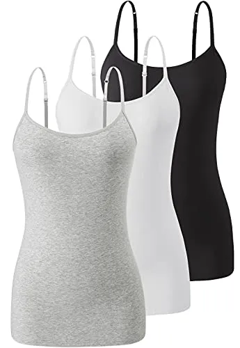 Air Curvey 3 Piece Womens Camisole with Shelf Bra Cotton Undershirts Camis Adjustable Spaghetti Strap Tank Tops Black Whte Grey M