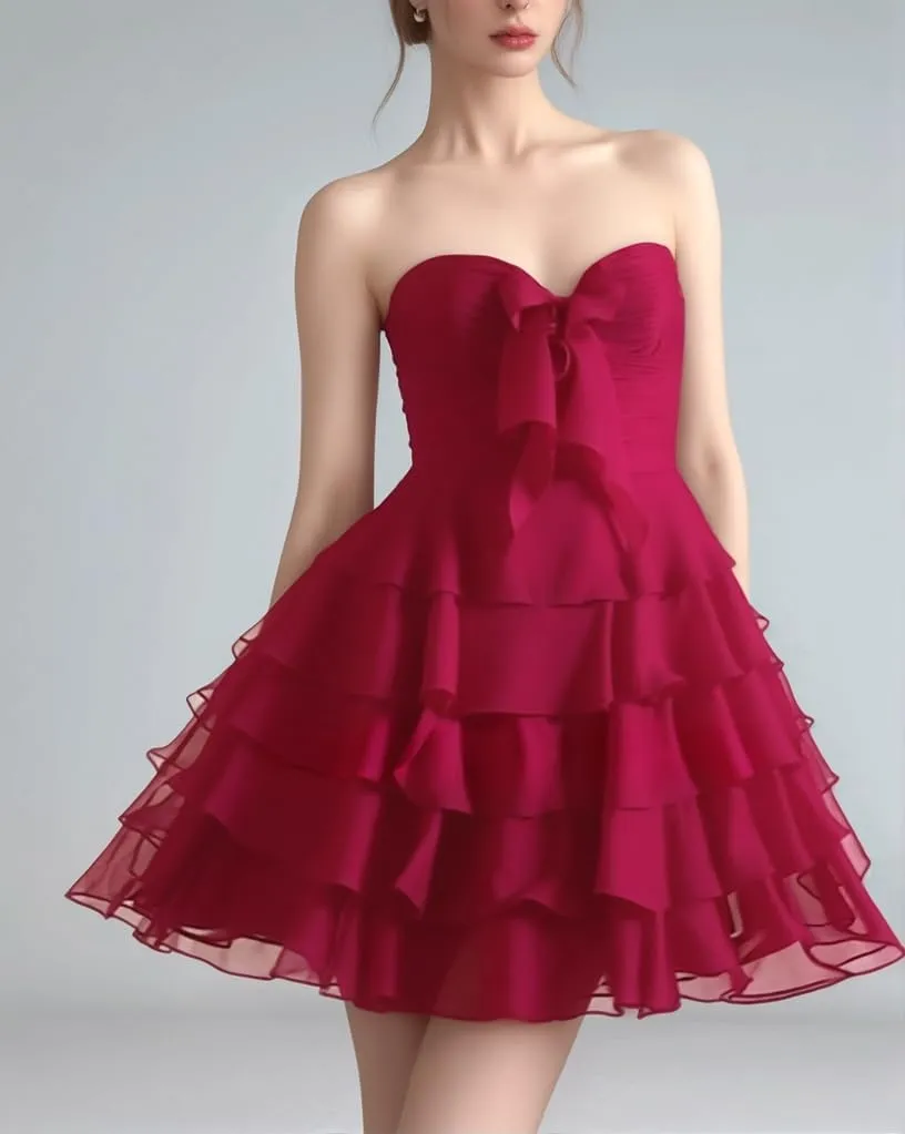 ALFEICE Ruffles Chiffon Homecoming Dresses with Bow Strapless Tiered Mini Formal Prom Cocktail Gowns for Teens
