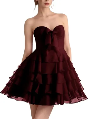 ALFEICE Ruffles Chiffon Homecoming Dresses with Bow Strapless Tiered Mini Formal Prom Cocktail Gowns for Teens