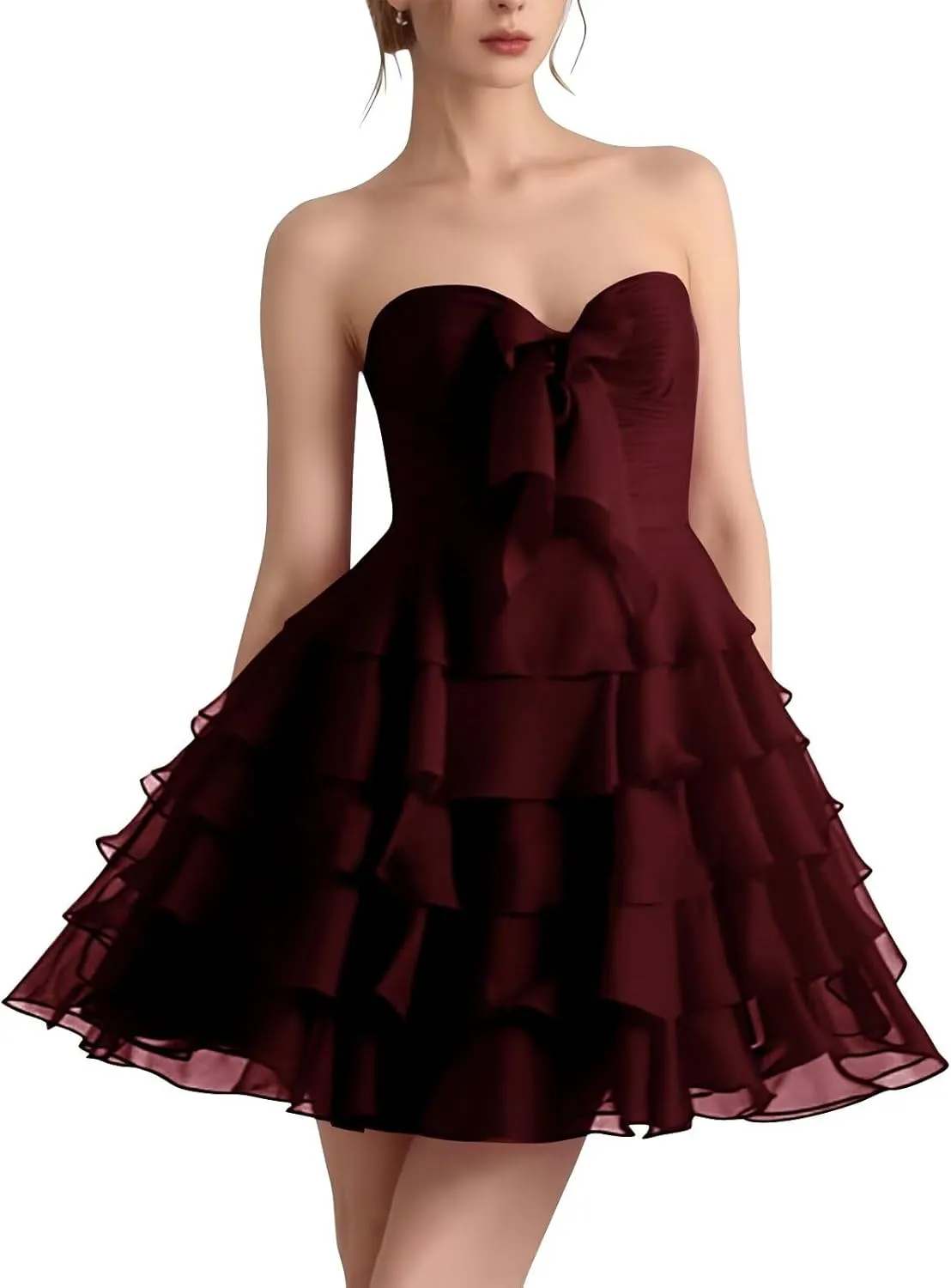 ALFEICE Ruffles Chiffon Homecoming Dresses with Bow Strapless Tiered Mini Formal Prom Cocktail Gowns for Teens