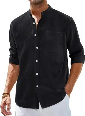 Alimens & Gentle Men's Cotton Linen Shirts Long Sleeve Button Down Shirt Band Collar Beach Shirts