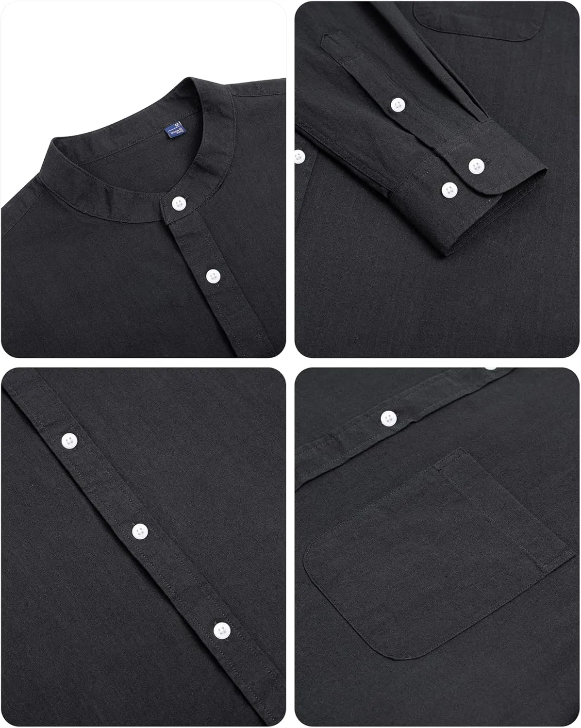 Alimens & Gentle Men's Cotton Linen Shirts Long Sleeve Button Down Shirt Band Collar Beach Shirts