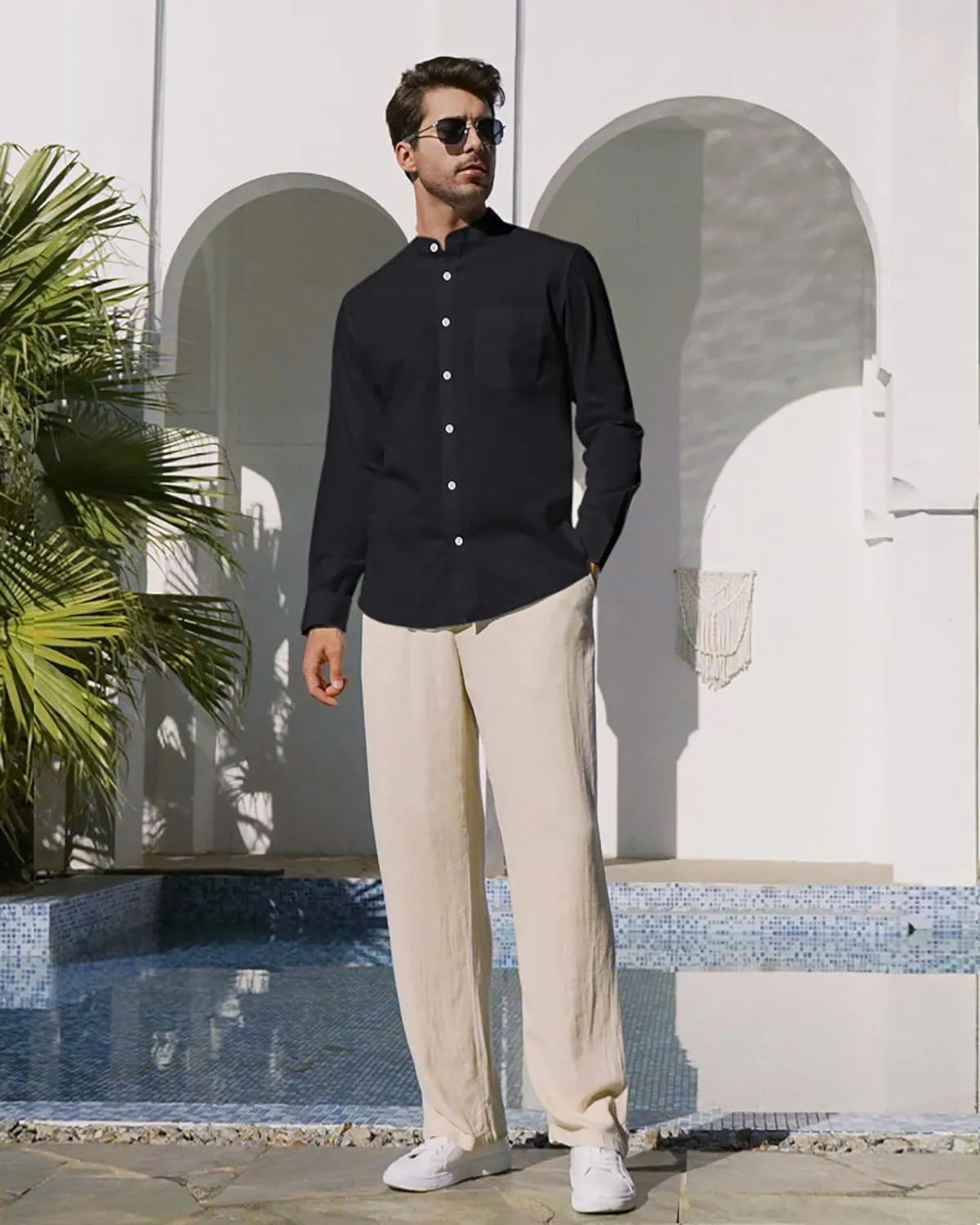 Alimens & Gentle Men's Cotton Linen Shirts Long Sleeve Button Down Shirt Band Collar Beach Shirts