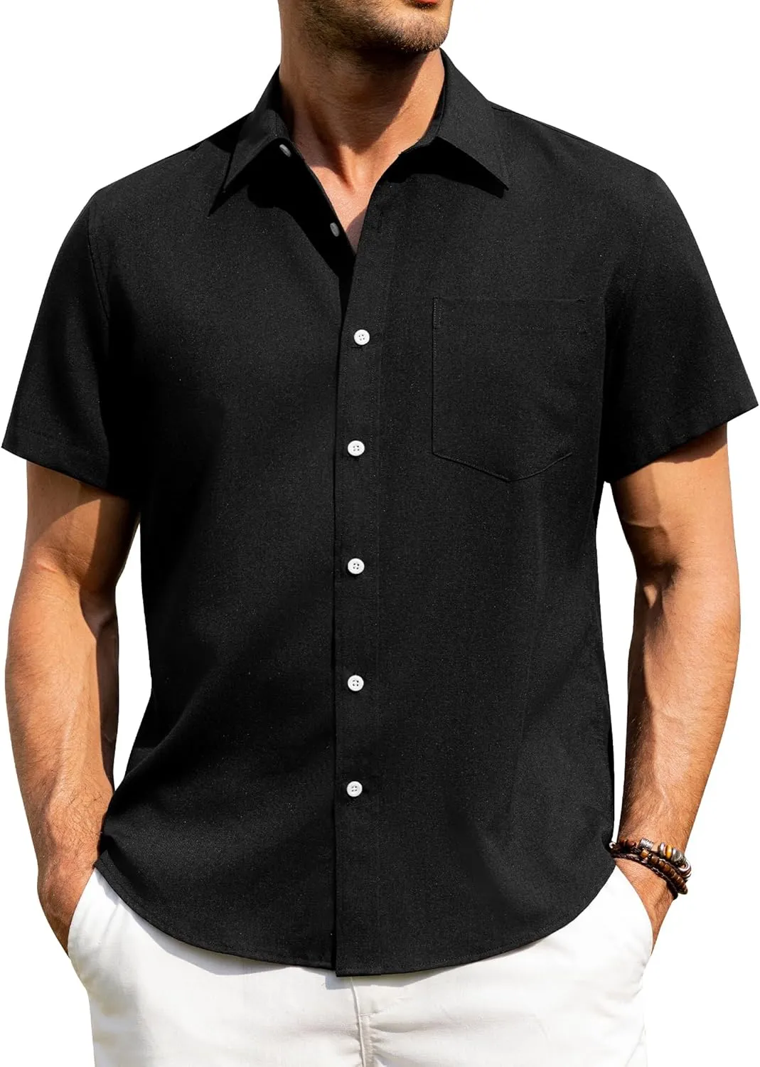 Alimens & Gentle Mens Linen Shirts Short Sleeve Button Down Shirts Wrinkle Free Casual Vacation Beach Summer Tops