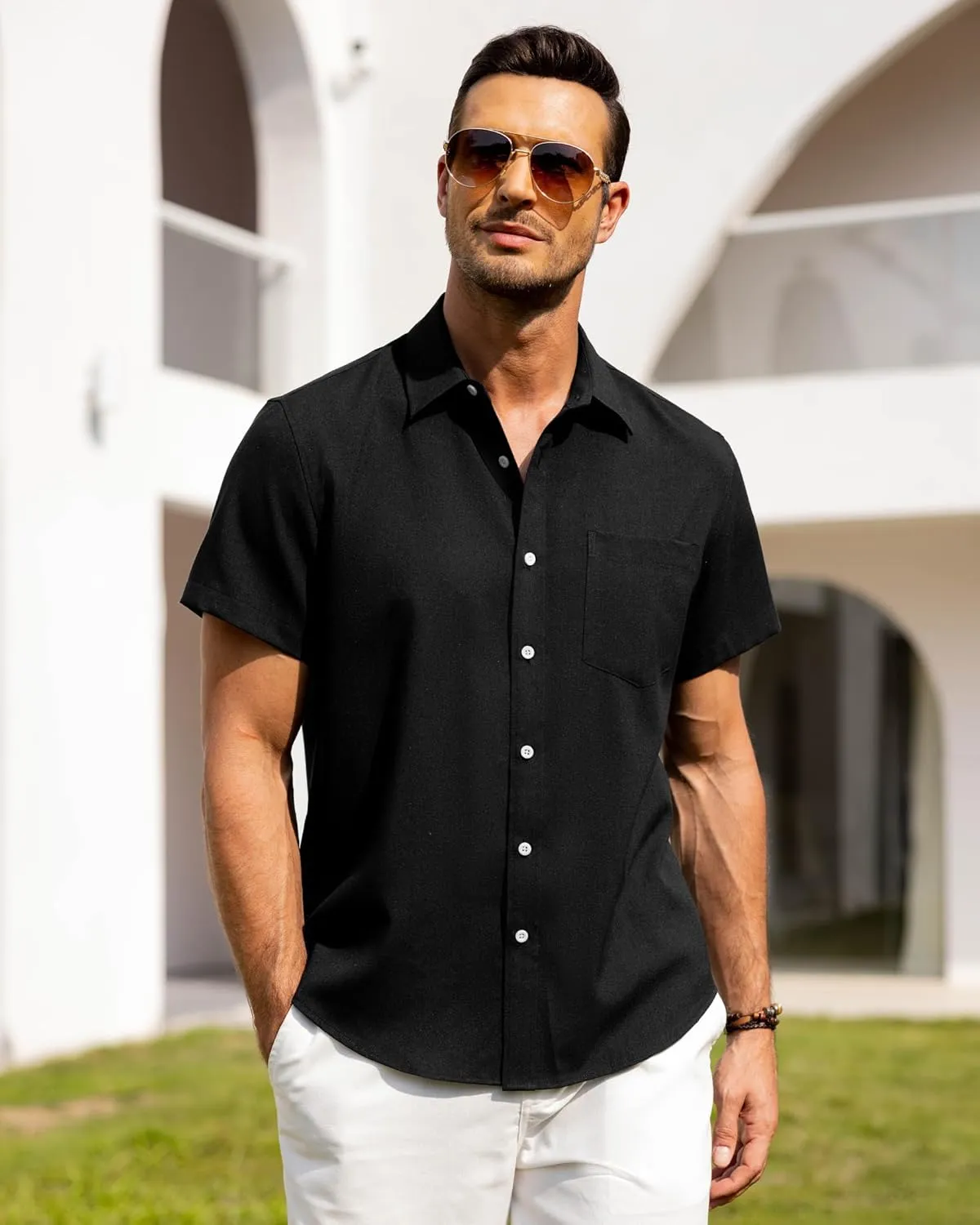 Alimens & Gentle Mens Linen Shirts Short Sleeve Button Down Shirts Wrinkle Free Casual Vacation Beach Summer Tops