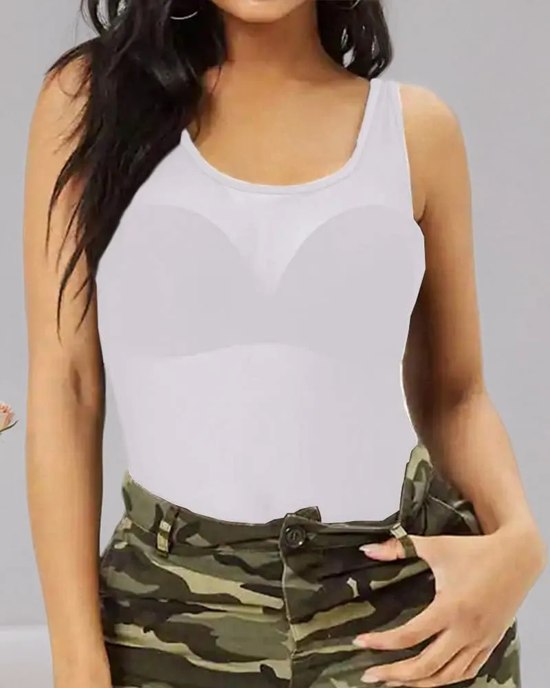 Allchic Womens Sheer Mesh Tank Tops, See Through Scoop Neck Blouses, Sleeveless Sexy Tops