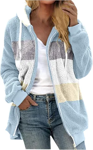 Anjikang Women's Winter Fuzzy Fleece Hooded Jacket Color Block Patchwork Cardigan Coats Fluffy Sherpa Outerwear with Pockets