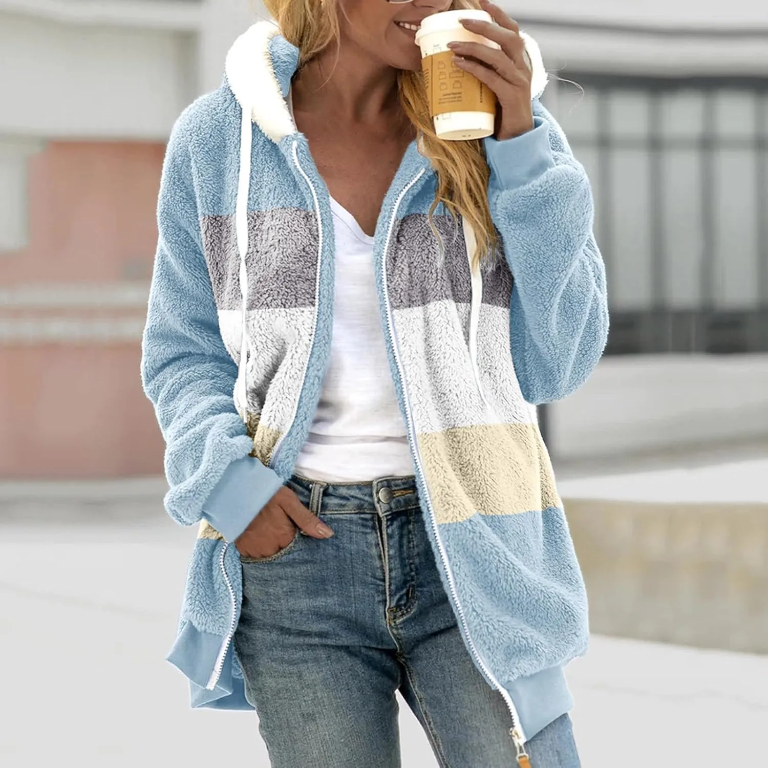 Anjikang Women's Winter Fuzzy Fleece Hooded Jacket Color Block Patchwork Cardigan Coats Fluffy Sherpa Outerwear with Pockets