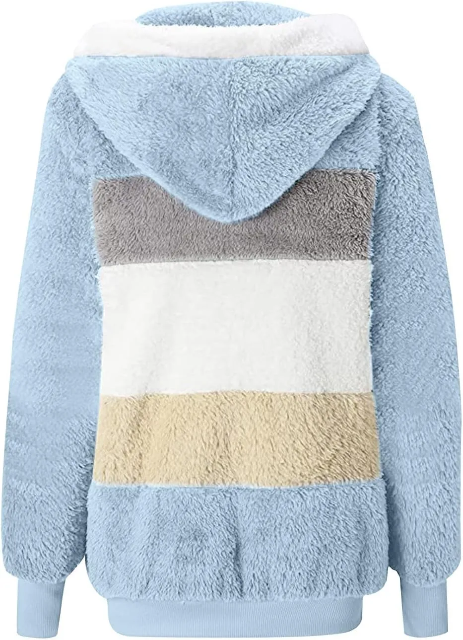 Anjikang Women's Winter Fuzzy Fleece Hooded Jacket Color Block Patchwork Cardigan Coats Fluffy Sherpa Outerwear with Pockets