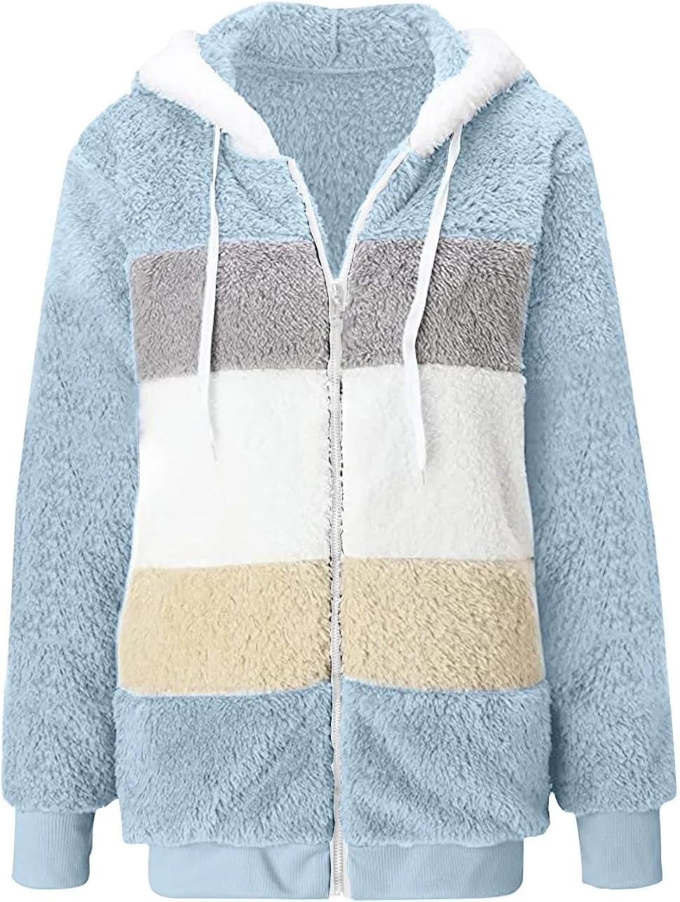 Anjikang Women's Winter Fuzzy Fleece Hooded Jacket Color Block Patchwork Cardigan Coats Fluffy Sherpa Outerwear with Pockets