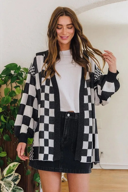Annie Wear Black Checkered Open Front Drop Shoulder Cardigan