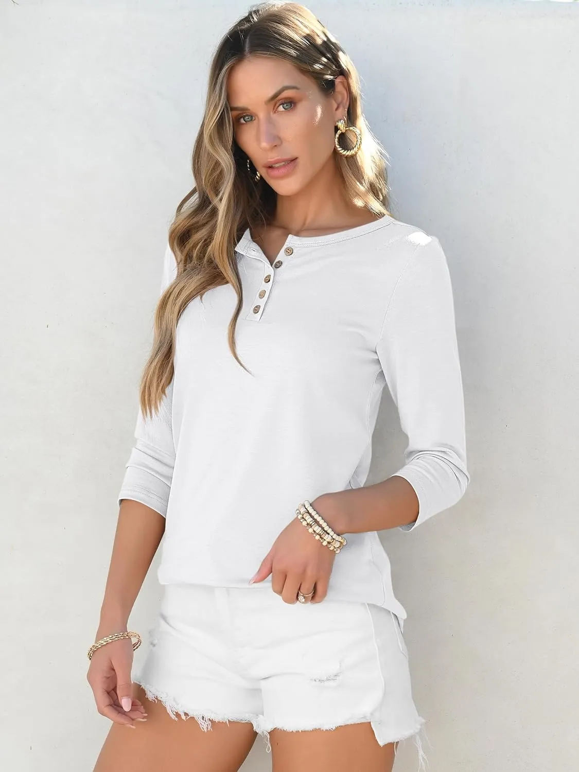 ANRABESS Womens 3/4 Sleeve Tops Henley Shirts Casual Trendy Button T Shirts 2025 Summer Basic Tunic