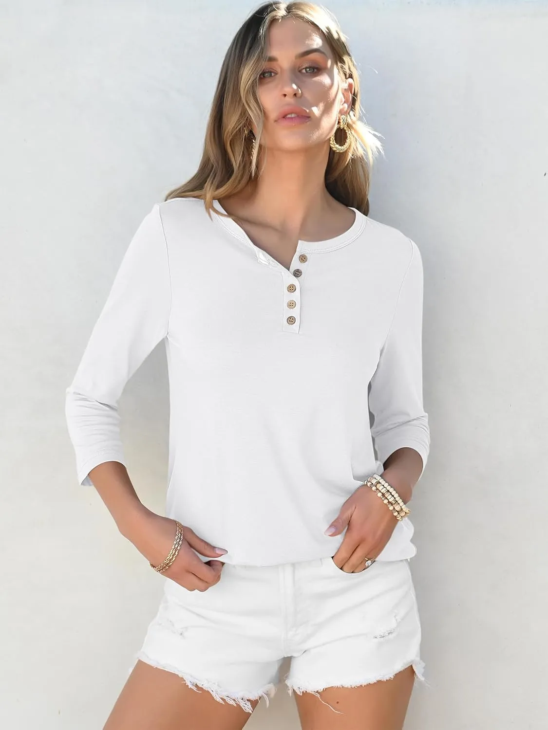 ANRABESS Womens 3/4 Sleeve Tops Henley Shirts Casual Trendy Button T Shirts 2025 Summer Basic Tunic