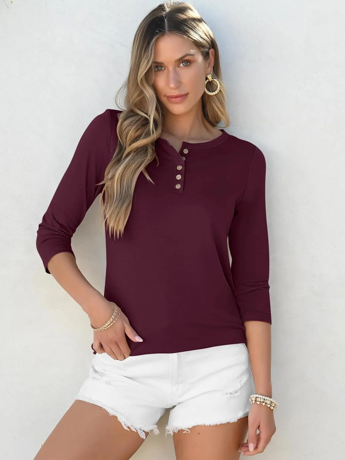 ANRABESS Womens 3/4 Sleeve Tops Henley Shirts Casual Trendy Button T Shirts 2025 Summer Basic Tunic