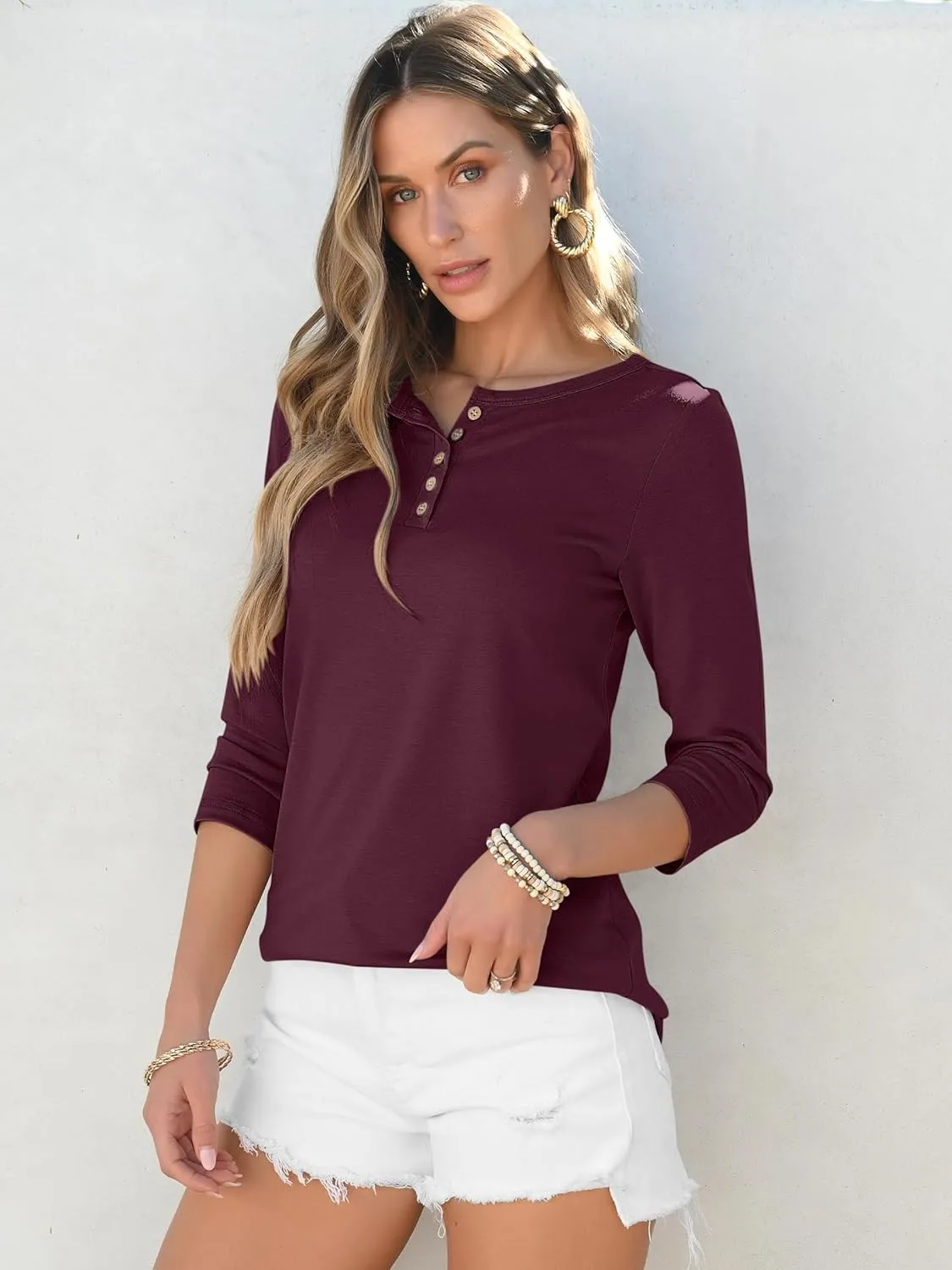 ANRABESS Womens 3/4 Sleeve Tops Henley Shirts Casual Trendy Button T Shirts 2025 Summer Basic Tunic