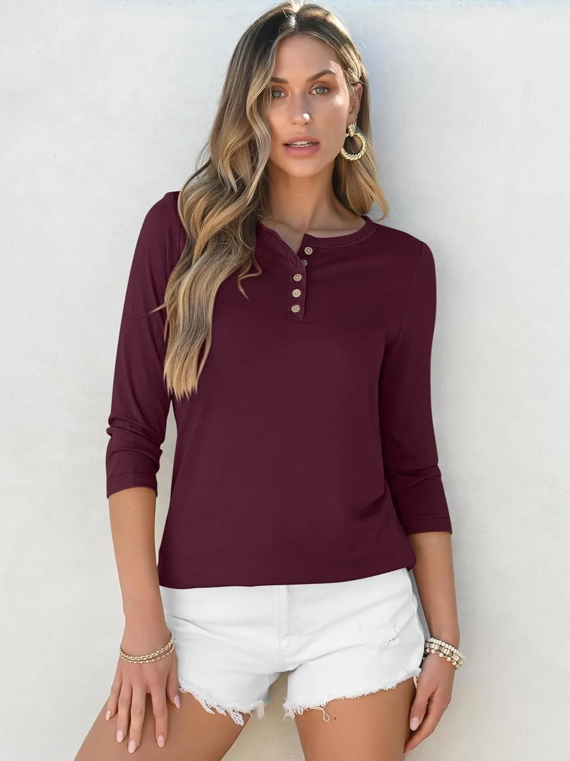 ANRABESS Womens 3/4 Sleeve Tops Henley Shirts Casual Trendy Button T Shirts 2025 Summer Basic Tunic